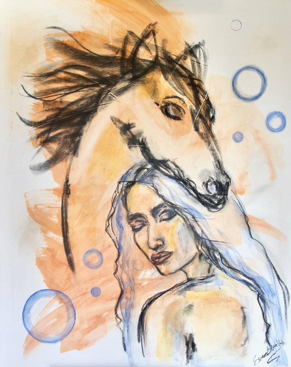 respira - il femminile e i kurgan - omaggio a marija gimbutas | gouache, acquarelli, fusaggine, pastelli su tela 80x100 | serena barotti© - marzo 2026.jpeg